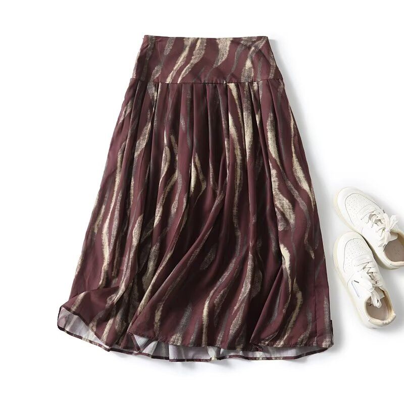 

MD Women s Clothing Spring & Fall New Arrival French Retro Print Lightweight Elegant Ruched Mid Length Long Length A- line Pleated Skirt Purple L