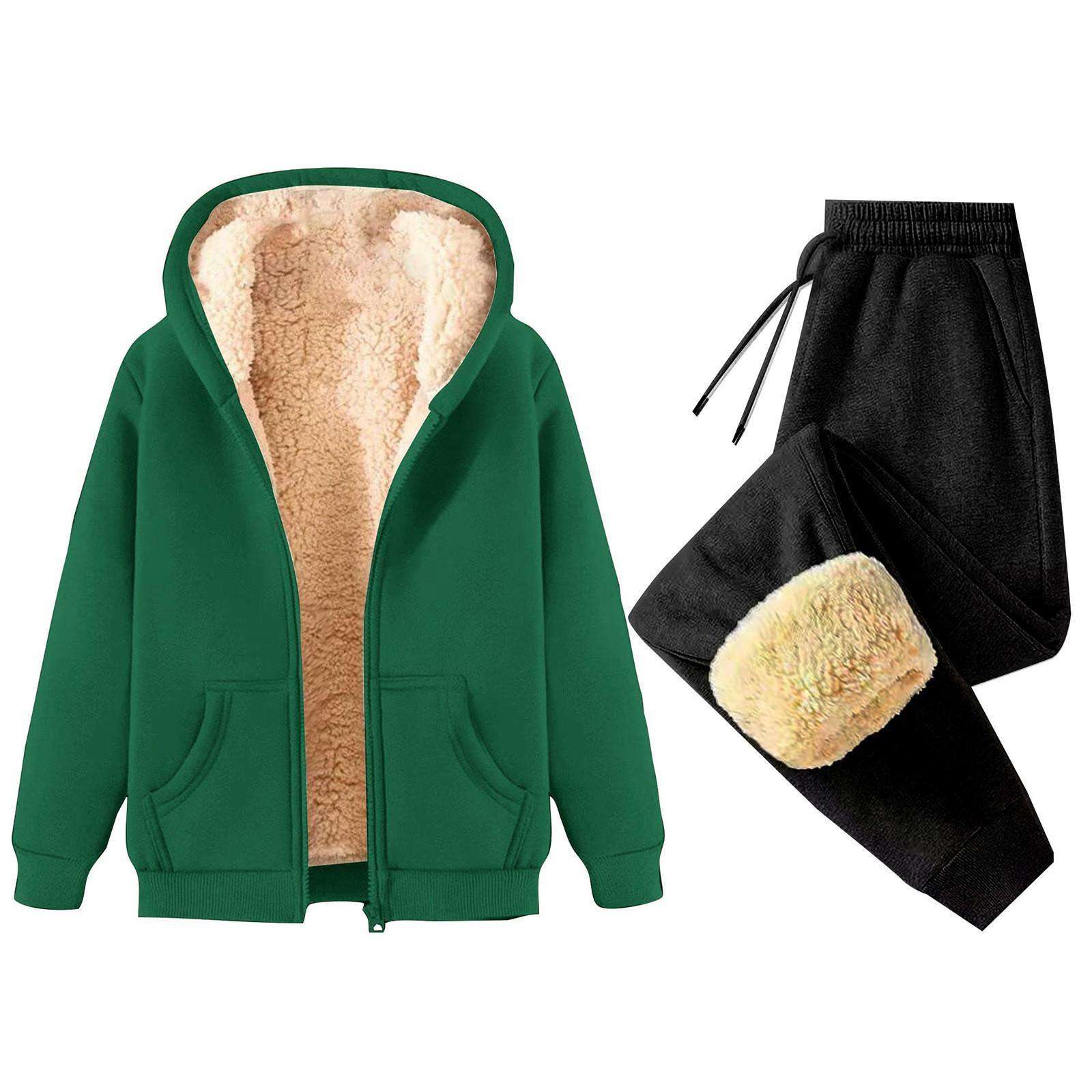 

Женская мода однотонная и зимняя утепленная толстовка с капюшоном на молнии, куртка, спортивные штаны, повседневный комплект из двух предметов XXXXXL темно-зеленого