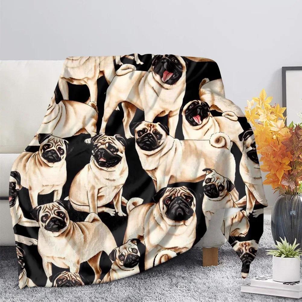 Flannel Blanket Cute Animal Pug Dog Soft Warm Fall Sofa Fleece Throw S for Bed  Couch  King Size Lightweight