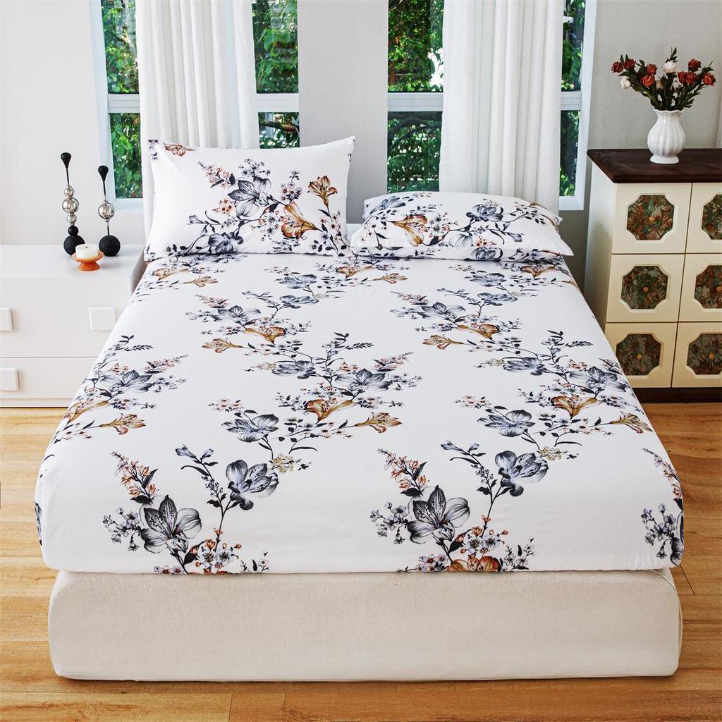 Floral Stain-Resistant Fitted Sheet & Pillowcase Set - Three Pieces