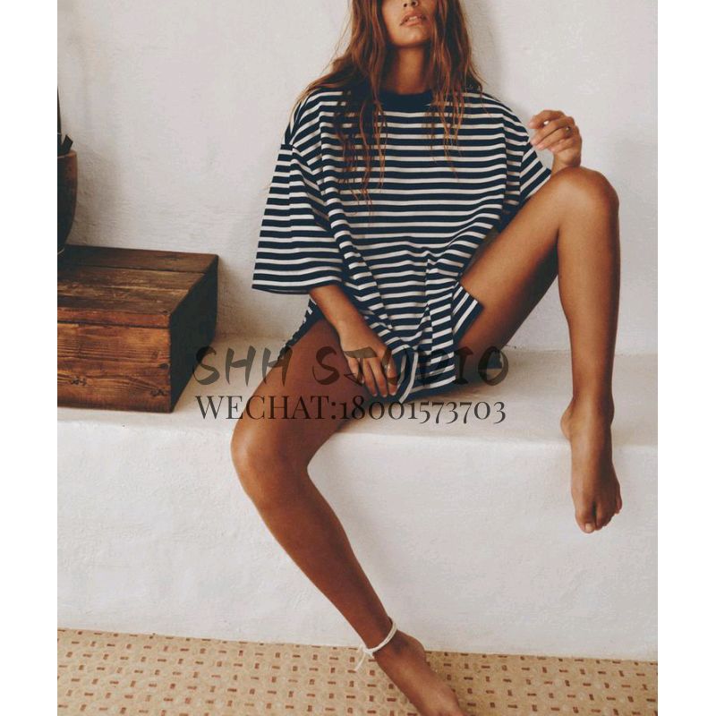 Spring New Women's Clothing American Style BM Fashionable All-Match round Neck Short Sleeve Stripes plus Size T-shirt 5644347