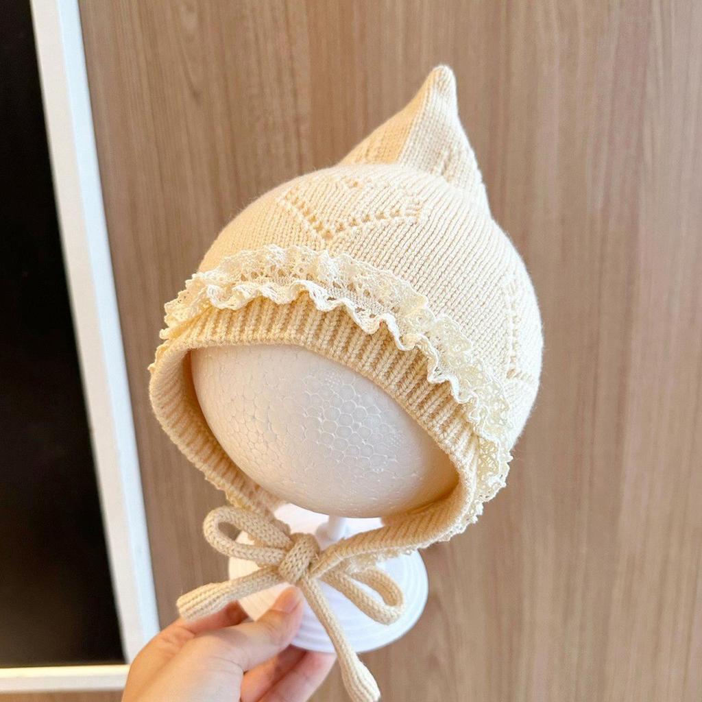 Winter Warm Newborn Fetal Hats Kids Tie Beanies Princess Lace Pointed Knitted Hat Toddler Soft Woolen Crochet Bonnet