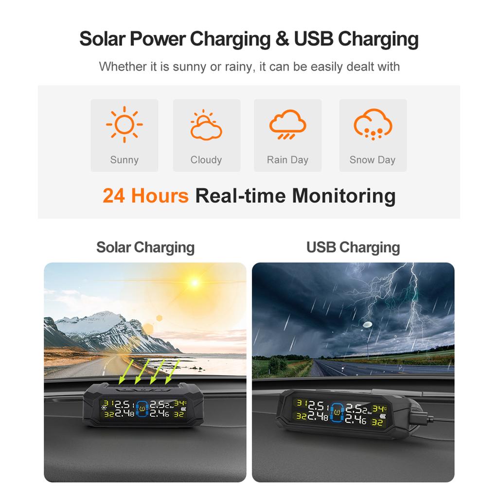 Tire Pressure Monitoring System, Wireless Solar Tire Pressure Monitor System with LCD Display, 6