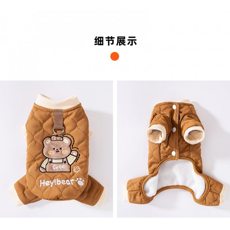 Warm Winter Dog Coat Small Medium Breeds - Bear Print Quilted 4-Leg Harness-Compatible Jacket In Brown Green
