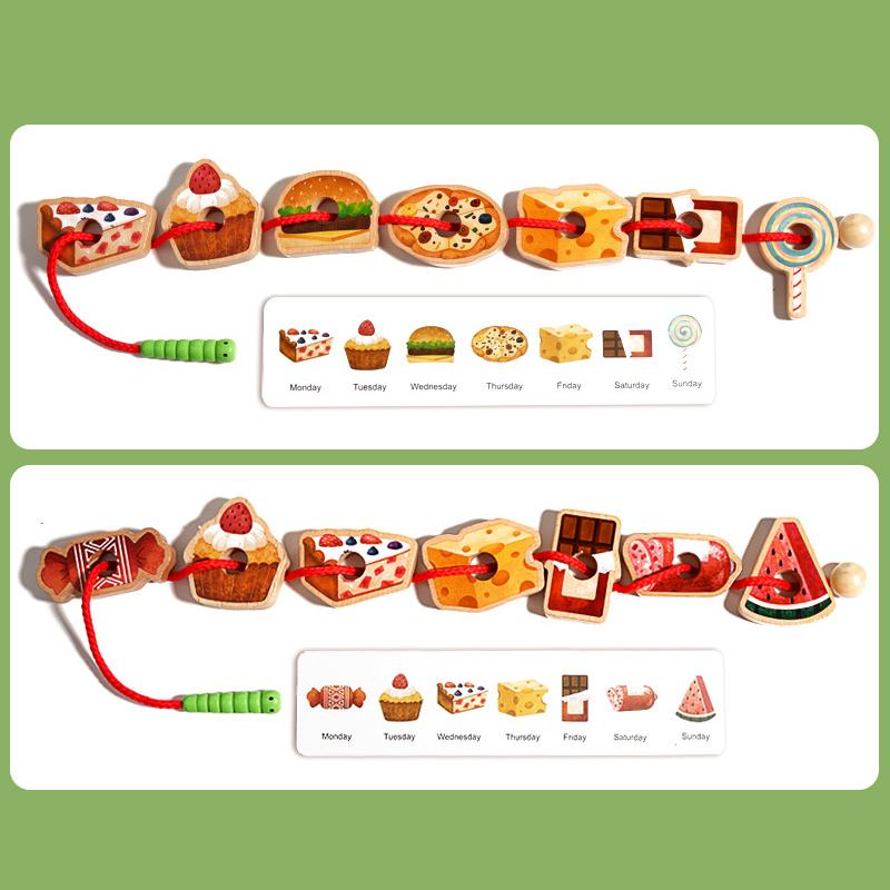 Wooden Greedy Caterpillar Rope Toy, Fruit & Vegetable Caterpillar Lacing Bead String Game, Montessori Fine Motor Skills Farm Toy
