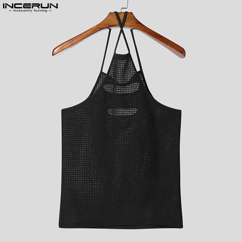 INCERUN Men Strap Sleeveless Hollow Out Mesh Sheer Solid Tanks Camisole