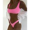 Women's solid color specialty fabric ruffled fabric bikini macaron color two-piece swimsuit
