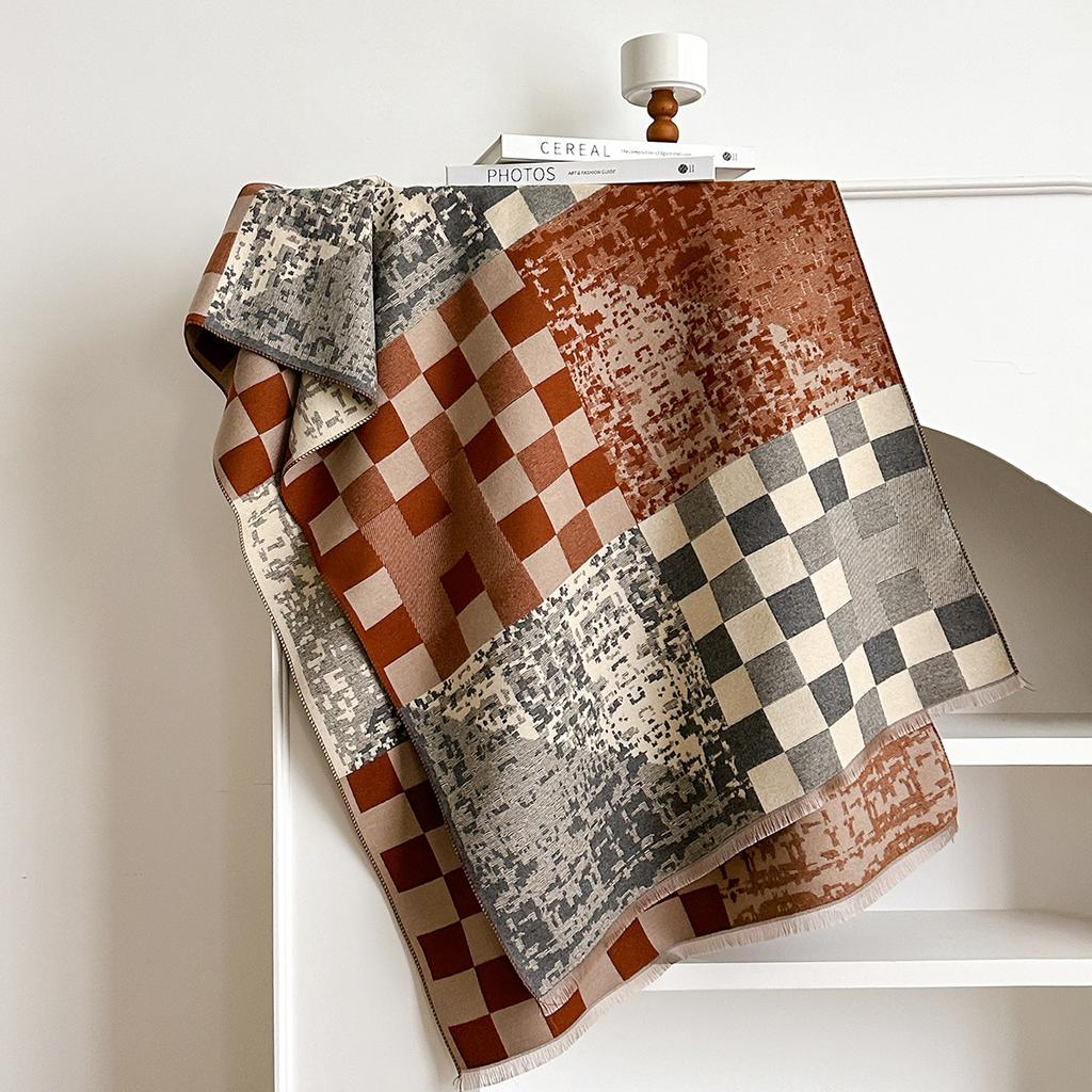 Winter Geometric Splicing Letters Versatile Simple Neck Protection Warm Scarves High Temperament Women Two-Sided Jacquard Shawl