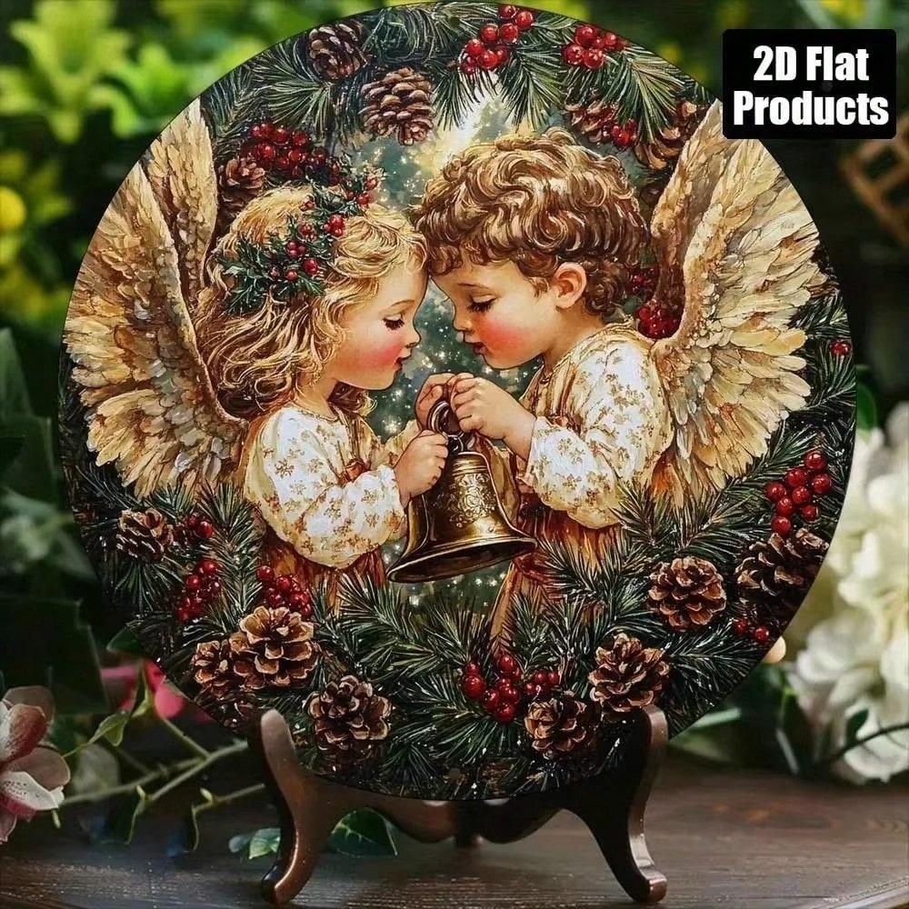 Винтажная Рождественская Ангельская Колокольчик Металлическое Настенное Искусство с Шишками и Ягодами 20x20