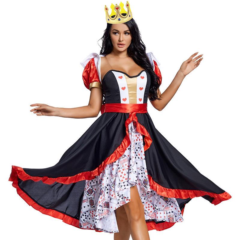 Red Queen Playing Card Costume with Cape and Full Skirt for Halloween and Stage Performance