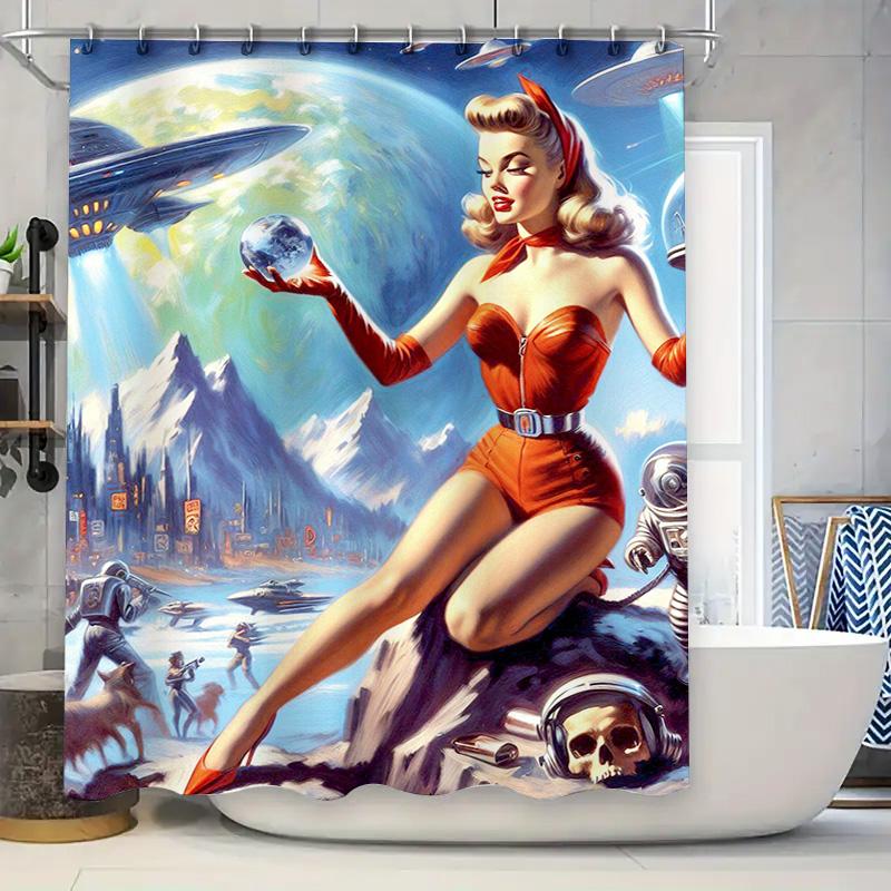 

Vintage Sci-Fi Futuristic Woman Shower Curtain With Space Travel Theme Hand-Painted Decorative Home Bathroom Accessories In Red W60H190(CM)-1 Pcs