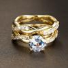 2Pc/Set Women's Dainty Golden Color Twist Round Cut White Stone Ring Set Bridal Engagement Ring Wedding Band Anniversary Gift