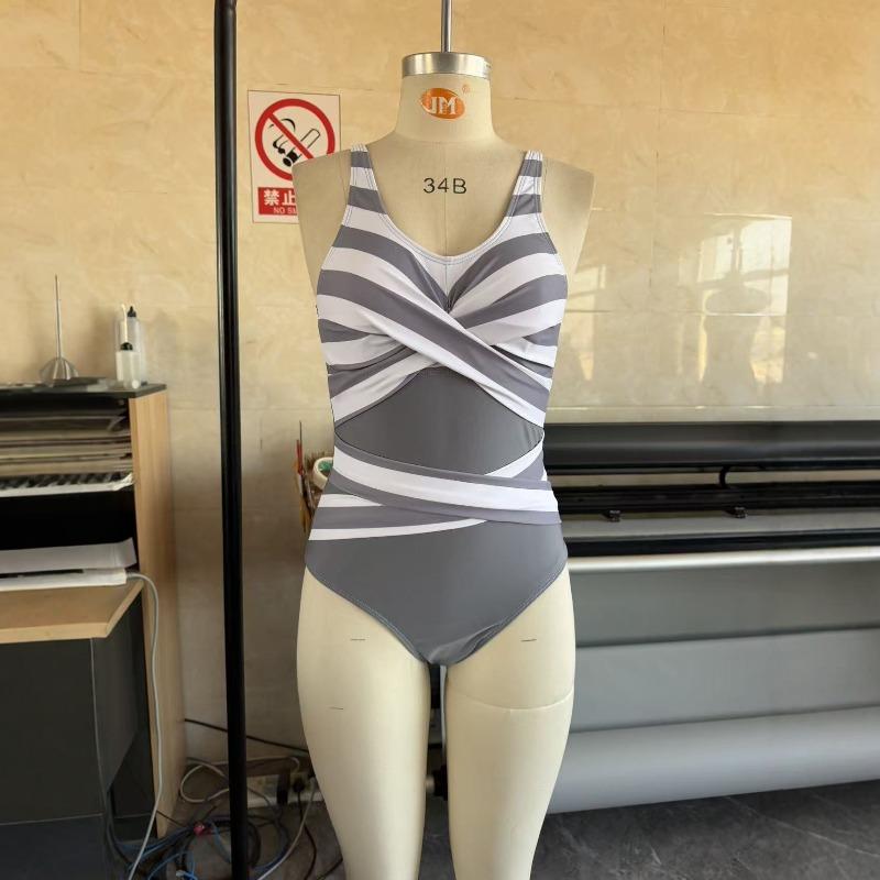 New one-piece swimsuit women's sexy black and white striped cross V-neck to cover the belly and look thin conservative vacation swimsuit