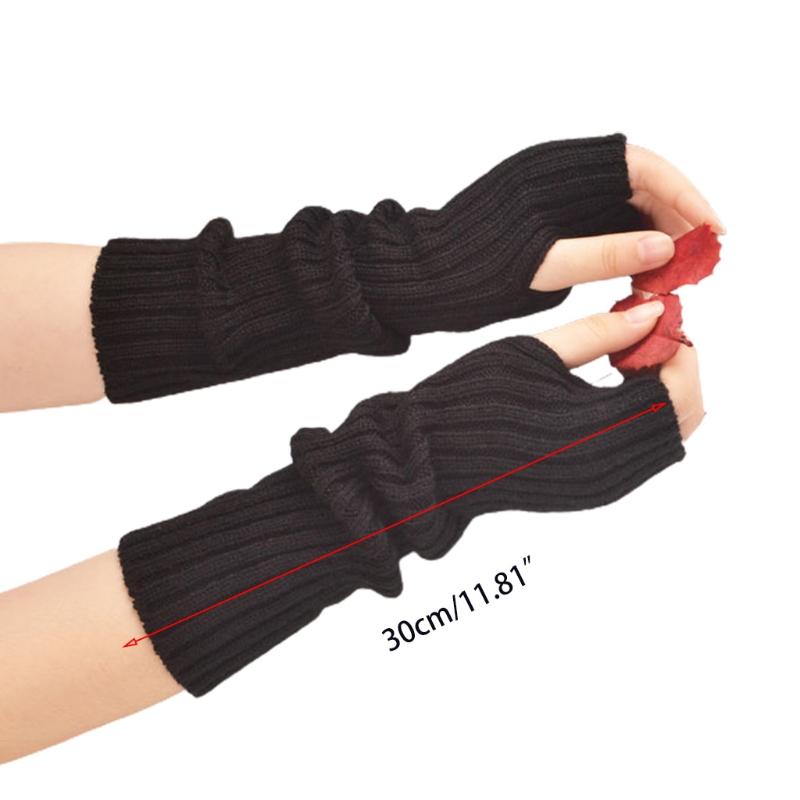 Long Fingerless Gloves Knitted Arm Sleeves Stretchy Arm Cover Thumb Hole Mittens