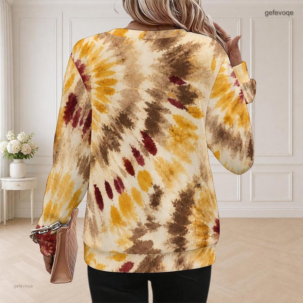 Women Plus Size Round Neck Long Sleeve Green Beige Abstract Printed Sweatshirt Ribbed Cuffs Pullover
