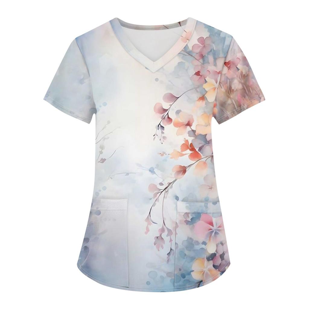 T-shirt de travail à manches courtes et col en V pour femme avec imprimé tendance et petite poche