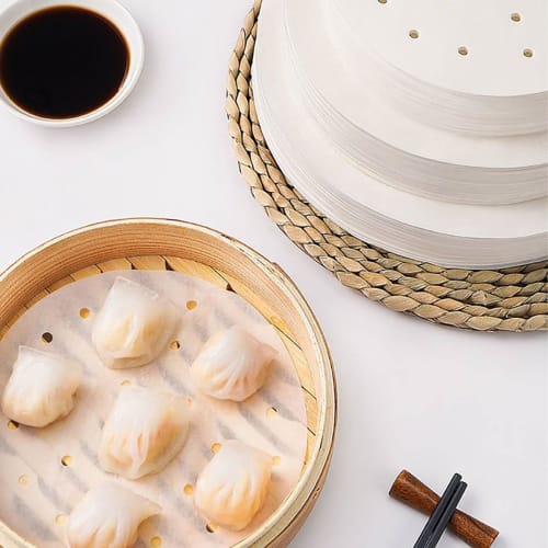 Förpackning med 100 engångsångpapper, runda, för matlagning, kinesiska ångkokare (18 cm diameter)