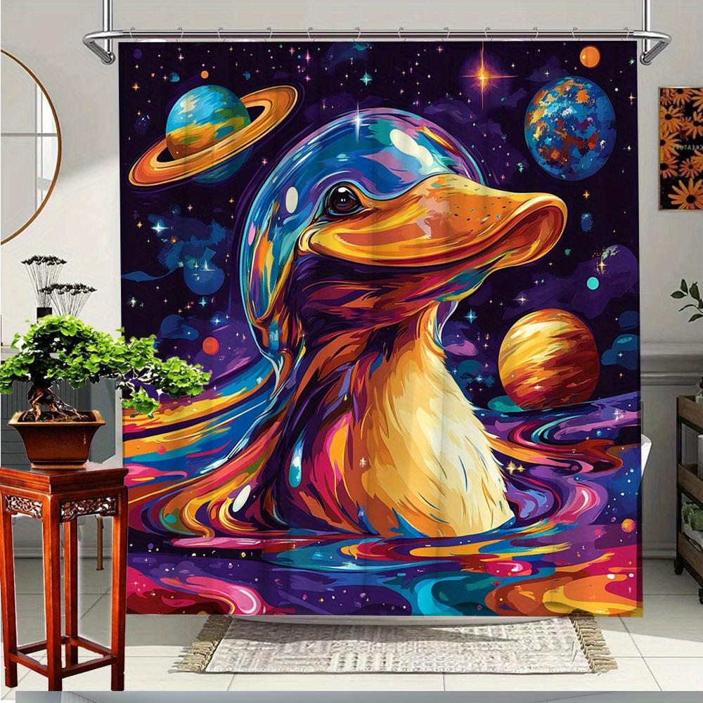 

1Pc Vibrant Cosmic Duck Shower Curtain - Colorful Polyester Fabric With Planets & Stars Design, Includes 12 Hooks, W60H190(CM)-1 Pcs