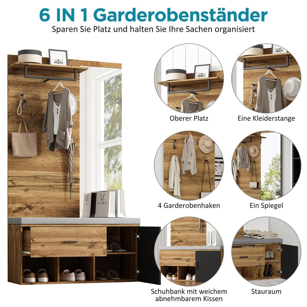 Flurgarderoben Set, Garderoben-Set Spiegel, Stylishe Schuhbank, Schuhschrank, Schublade, Regal, Kleiderhaken, Wandgarderobe Holzfarbe & Schwarz