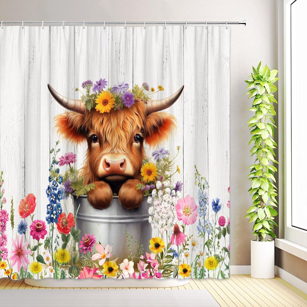 Funny Farmhouse Highland Cow Shower Curtain Love Heart Flowers Plants Cute Cattle Rustic Farm Animals Bathroom Decor with Hooks