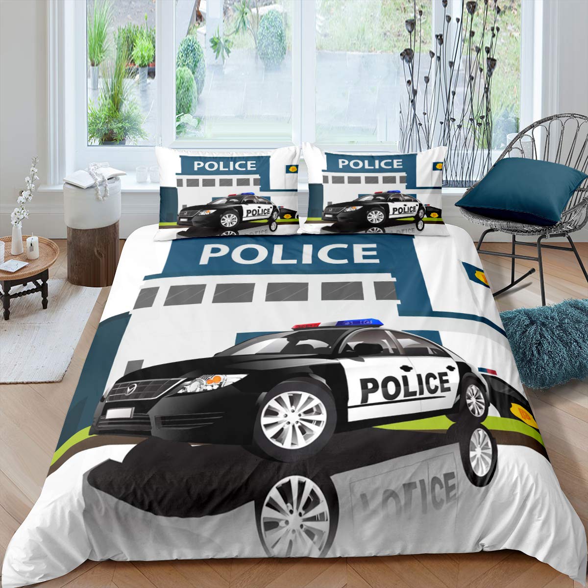 Housse de couette Policier Voiture Roi Reine Dessin animé Voiture de Police Noire Collection Literie Garçons Lumières Bleues Rouges de Police Housse de Couette Polyester 23 Pièces 70x133cm 2pcs