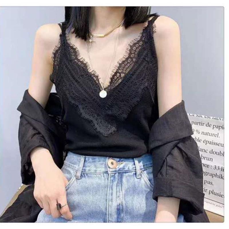 Lace Trim Sexy Women's Open Back Eyelash Edge Floral Camisole - Sleeveless Stretchy Ice Silk Knit Tank Top