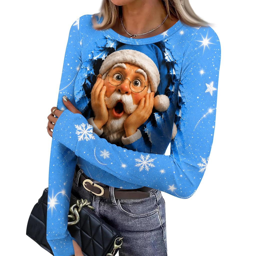 Women's Slim Fit Base Layer T-Shirt, Christmas Print Crewneck Long Sleeve Top with Thumb Holes