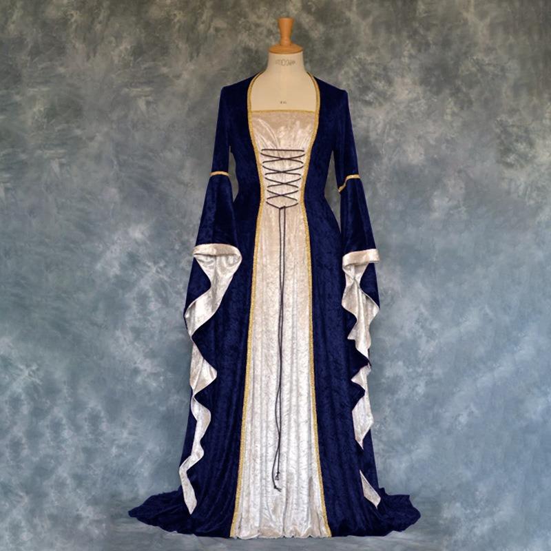 European and American Style Gold Velvet Lap-up Trumpet Sleeves Vintage Medieval Long Dress Dress
