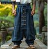 Men's Ethnic Style Casual Cotton Linen Wide Leg Pants Spring Summer Solid Color Lace-up Baggy Pants Vintage Streetwear Male