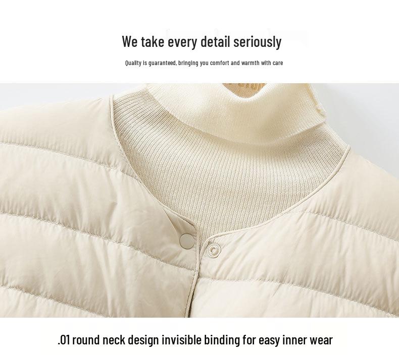 2026 Autumn/Winter Lightweight Collarless Down Jacket - 90% Down, Short Round Neck
