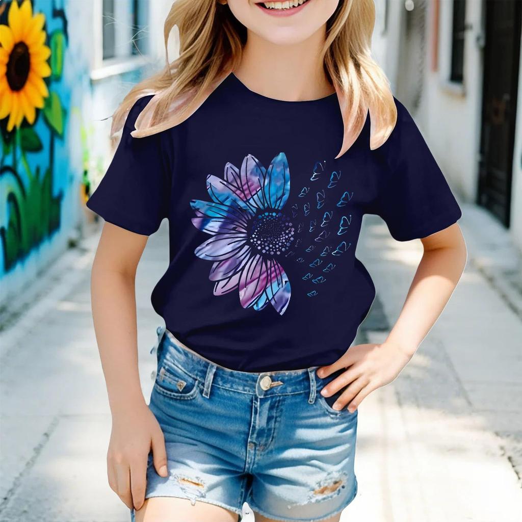 Kindermode Kurzarm Rundhals Floral Bedruckt Lässiges T-Shirt Top