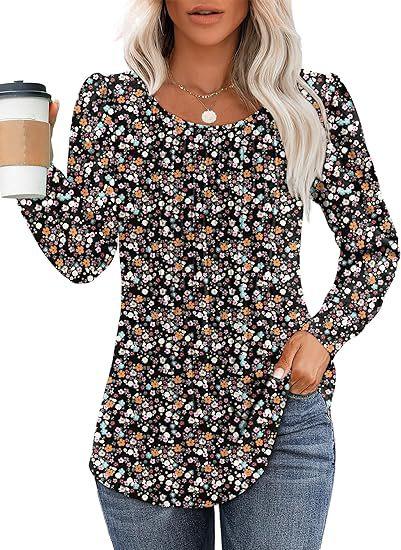 Women Long Sleeve Ribbed Knit Top Crew Neck Puff Shoulder Casual Loose Fall Blouse Shirt
