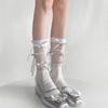 Japanischer Stil Schimmerndes Netz Spleißende Gerippte Über die Wade Socken für Damen Mädchen Niedliche Schleife Schleifenknoten Lange Strümpfe