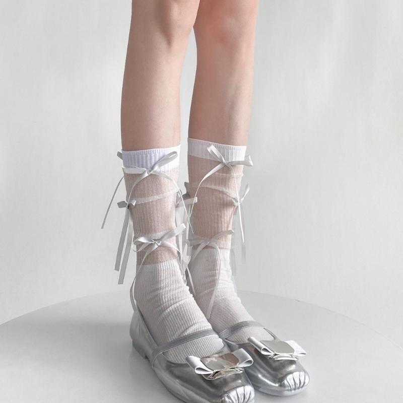 Japanischer Stil Schimmerndes Netz Spleißende Gerippte Über die Wade Socken für Damen Mädchen Niedliche Schleife Schleifenknoten Lange Strümpfe
