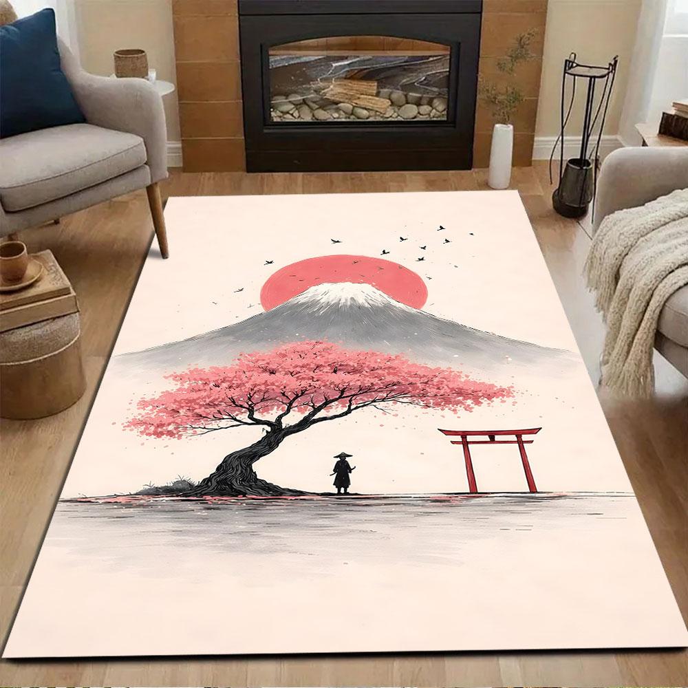 Mount Fuji with Sakura and Red Sun Patterned carpet, non slip mat suitable for living room and bedroom sofas