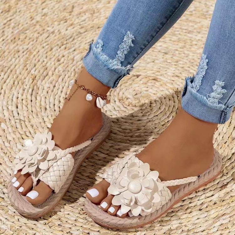 Women's Flowers Flip Flops Solid Color Slip On Summer Slide Shoes Casual Outdoor Beach Slides