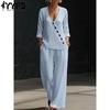 Women's Fashion Casual Spring Fall Solid Color Print Long Sleeve V-Neck Trousers Pants Suits