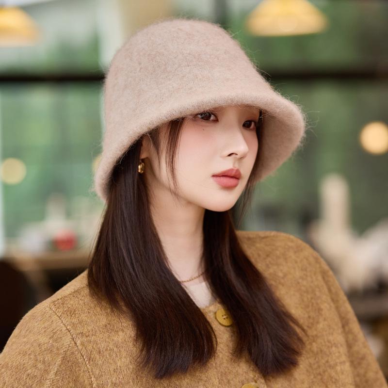 Autumn and Winter Hat Women's Solid Color Knitted Wool Hat Fleece Warm Bucket Hat Bucket Hat