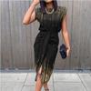 QICED Damen Frühling Sommer Sexy Print Ärmelloses Spitzen Plissee Kleid