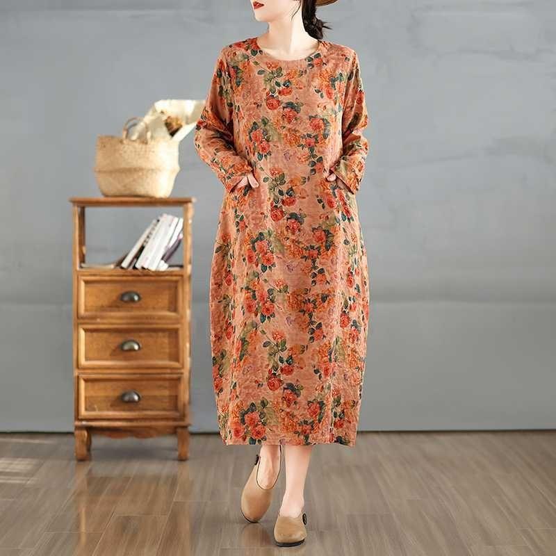 2025 Vintage Printed Round Neck Long Sleeve Patchwork Loose Plus Size Long Dresses