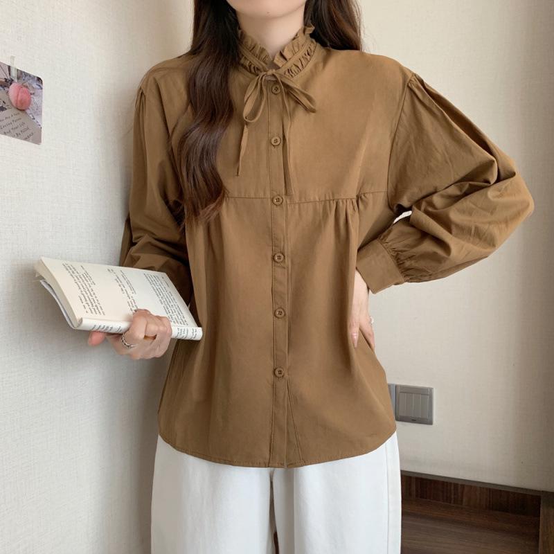 

Korean Autumn 2025 Women s Versatile Ruffled Collar Lace-up Shirt M (80-100 jin) хакі
