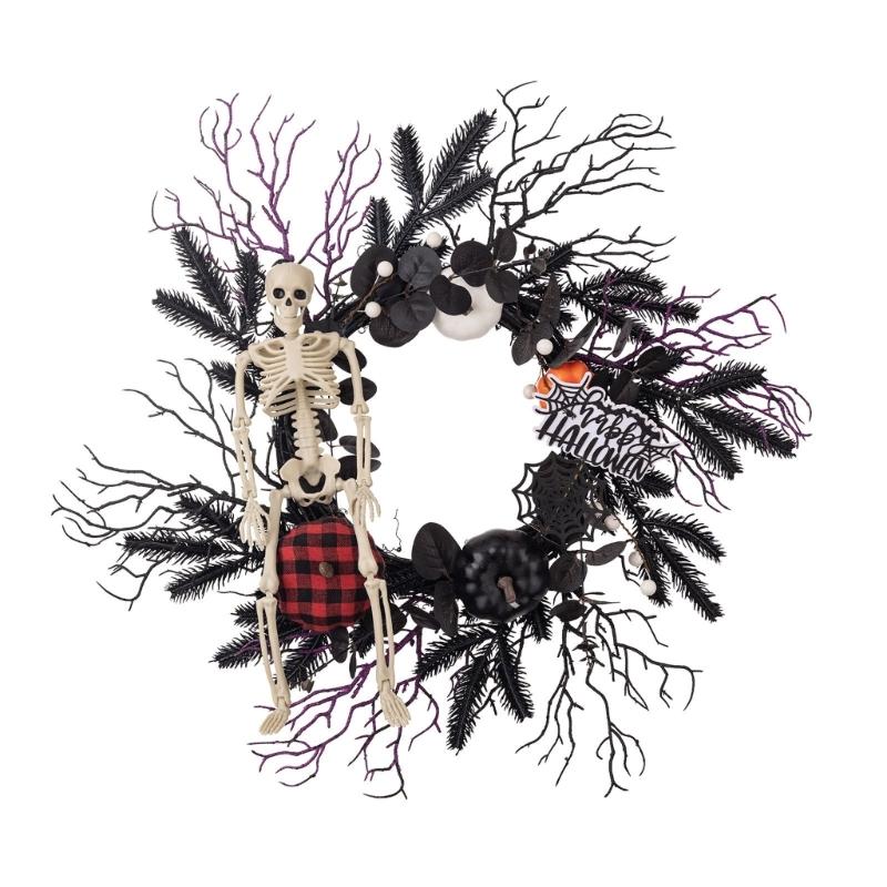 

Hanging Artificial Wreath Pendant Skull Gifts Halloween Door Sign Artificial Skull Wreath Ornament Dark Sign 1