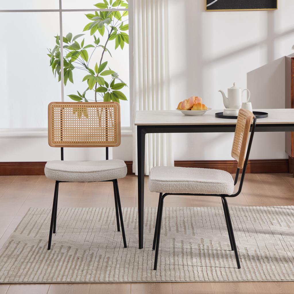 Modern Dining Chair, Set of 2, Chenille Upholstery, Without Armrests, Solid Wood Frame On the Backrest, Rattan Look, Adjustable Metal Feet-Ivory