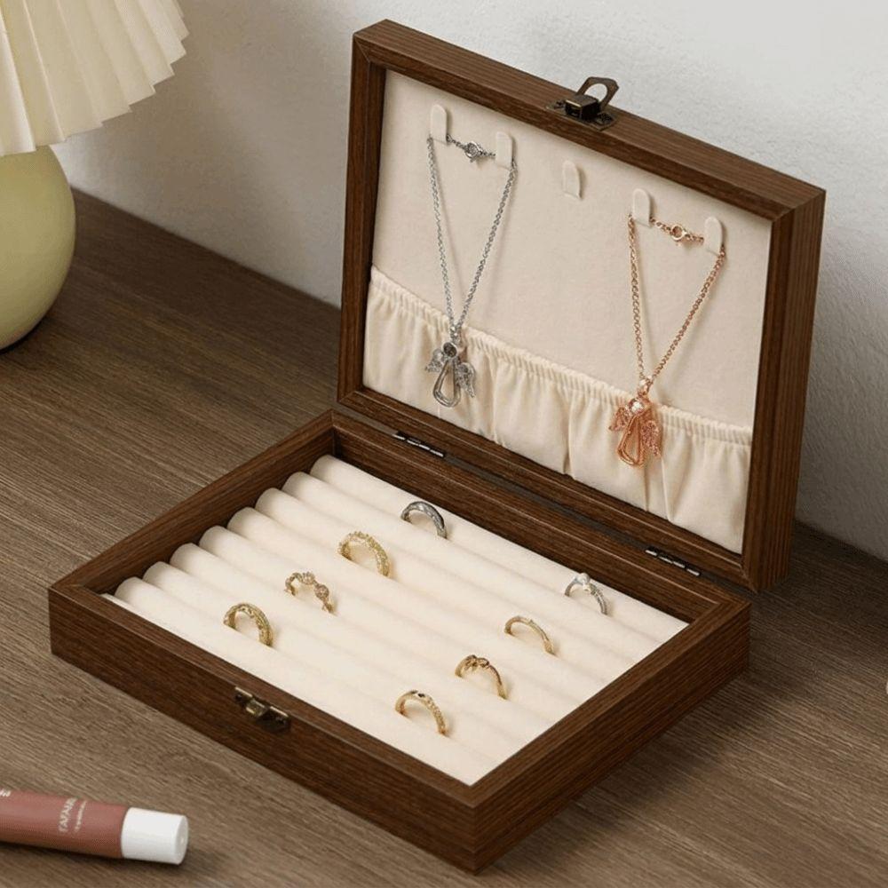 Walnut Wood Glass Lid Velvet Lined Velvet Interior Necklace Hanging Panel Bracelets Storage