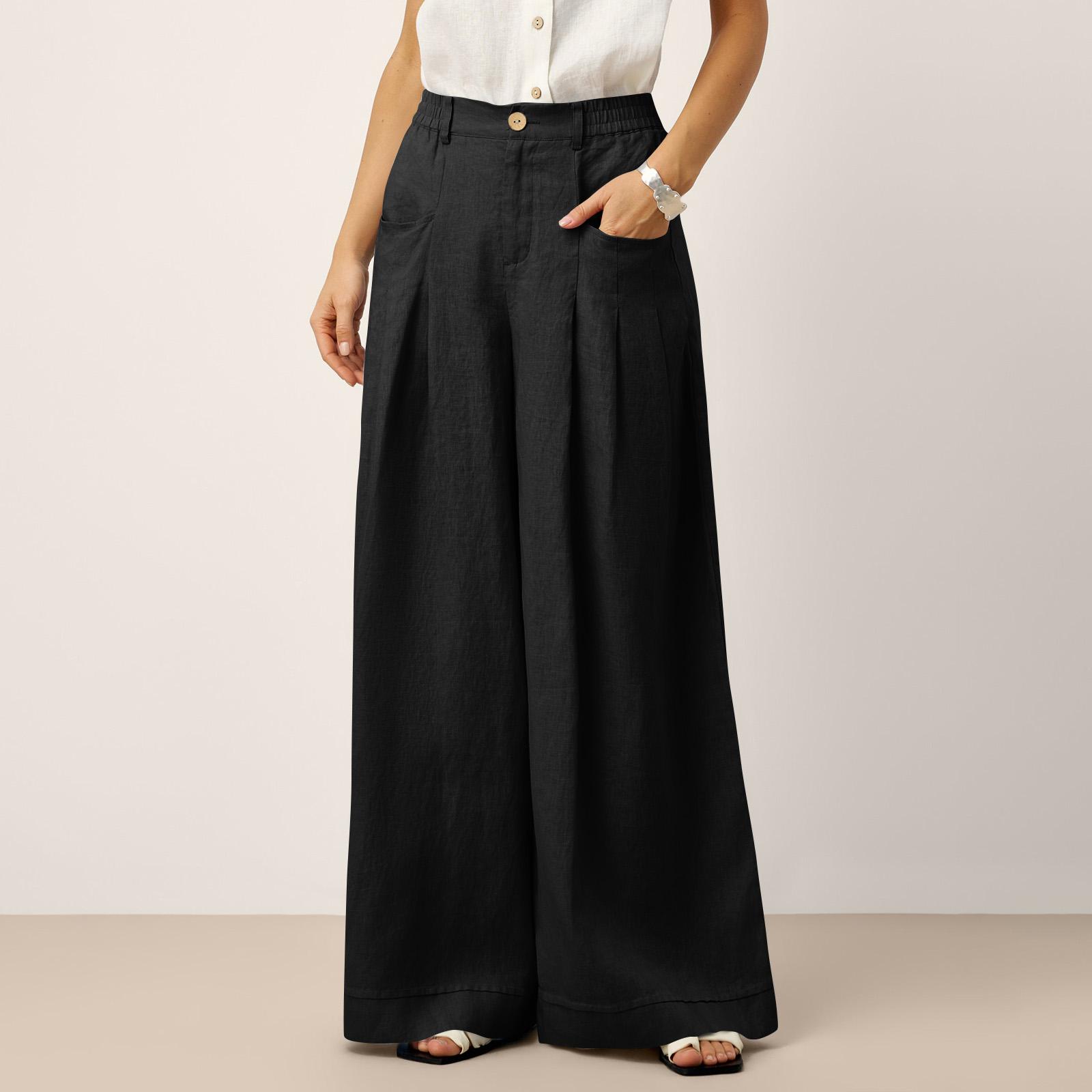 

Women s Casual Fashion Cotton-Linen Blend Wide-Leg Pants With Side Pockets L чёрный