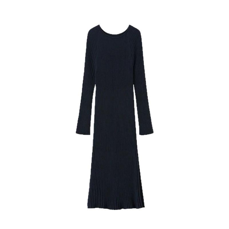 [] Lazy Wind Round Neck Navy Blue Knitted Dress Straight Loose and Thin Sweater Skirt Temperament Long Dress