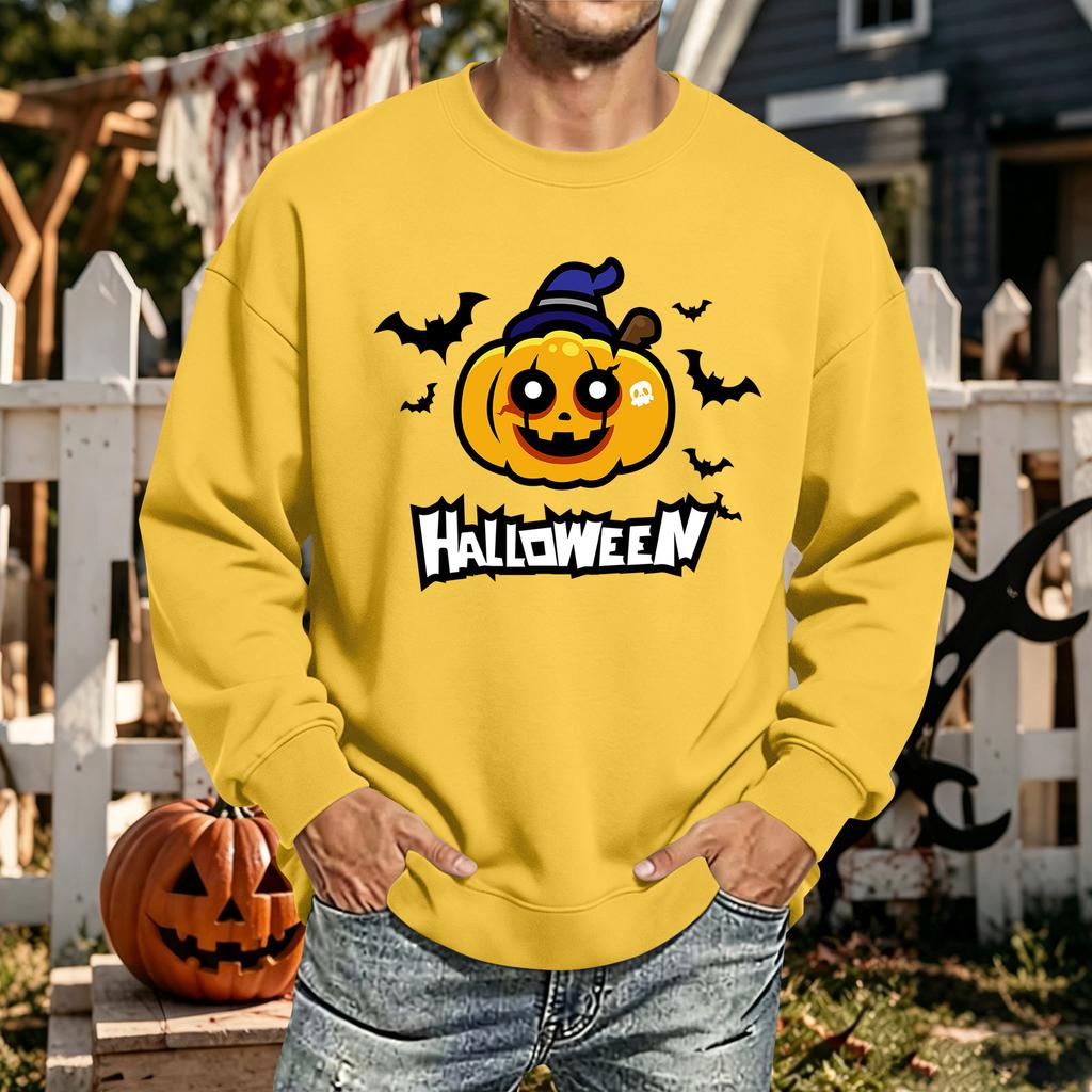 Men's Halloween Printed Long Sleeve T-Shirt Crewneck Casual Sports Top Unisex for Couples