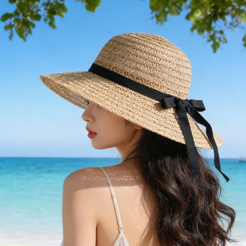Straw hat sun protection foldable beach beach bow beach hat sun hat sun hat M（56-58cm）