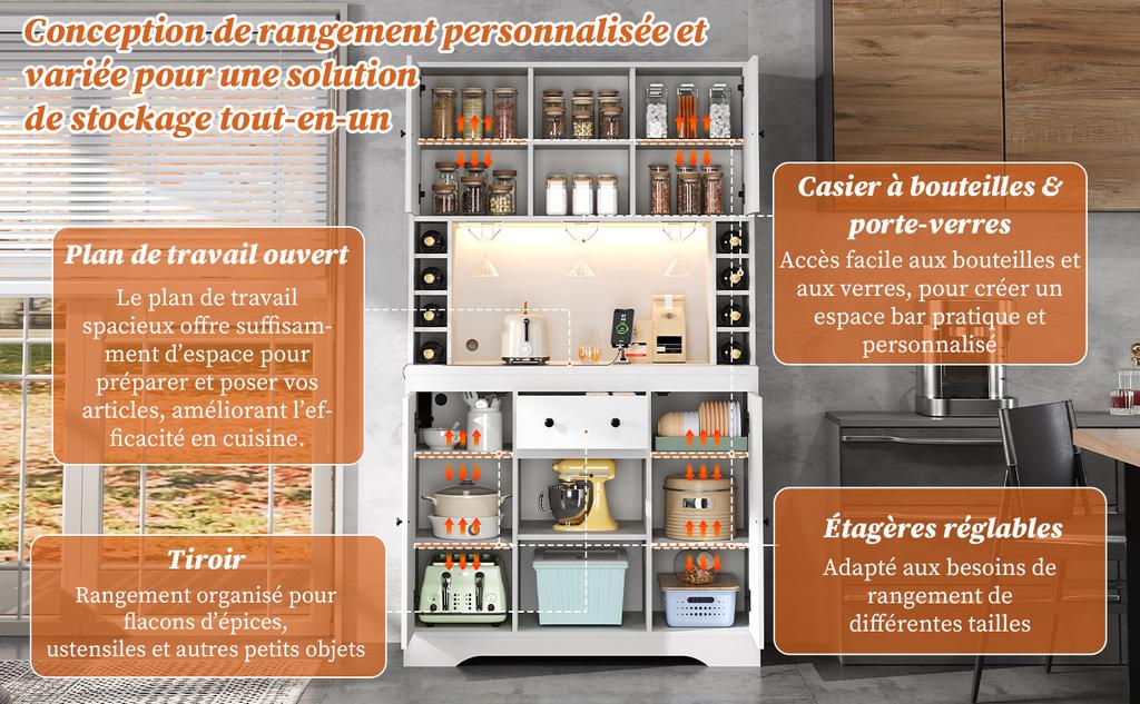 Armadio da vino con ripiani regolabili, cassetto, portabicchieri da vino, scomparti per bottiglie di vino, illuminazione LED a cambio colore e prese, 180 × 105 × 40cm
