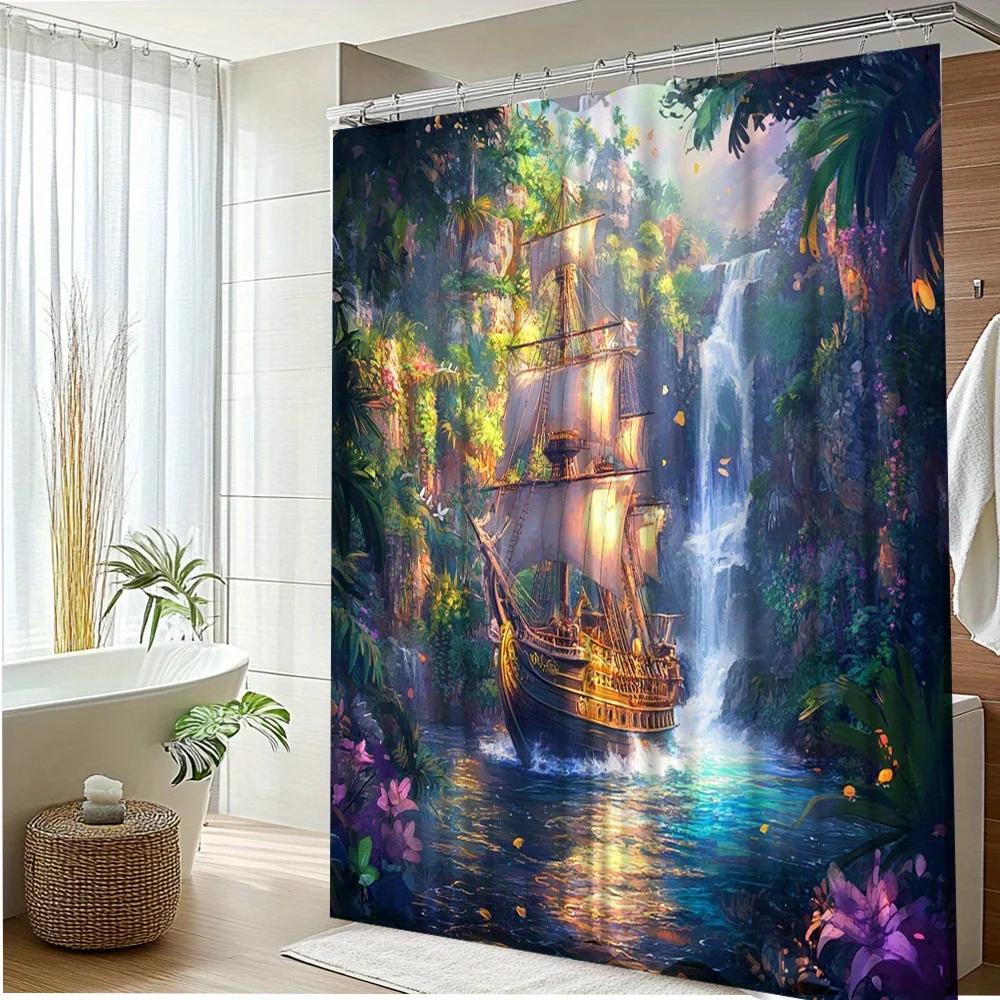 1Pc Scenic Sailboat Shower Curtain With Beautiful Nature Landscape Polyester Fabric For Bathroom Decoration Includes 12 Hooks 70